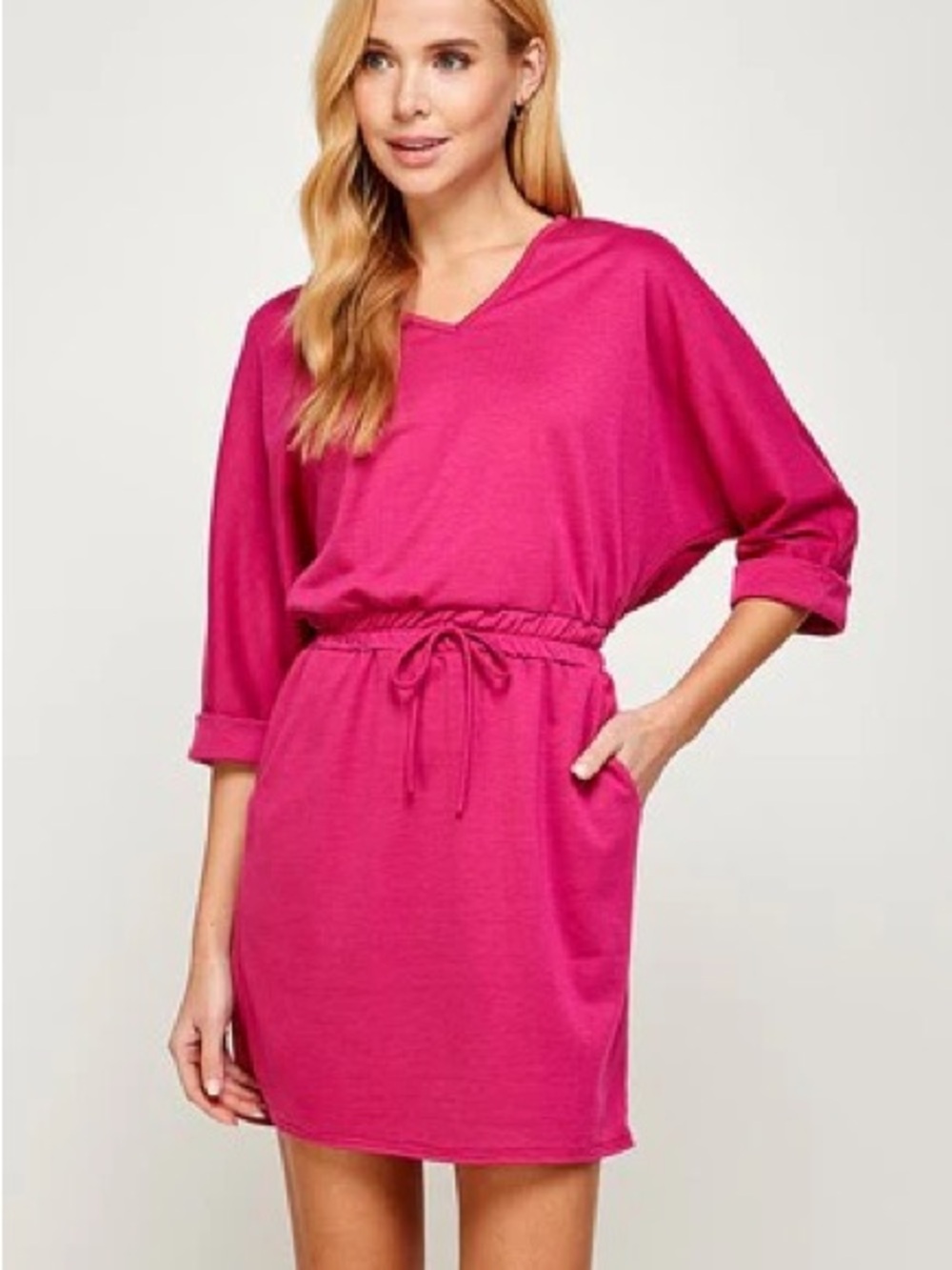 Hot Pink Drawstring Waist Tee Dress